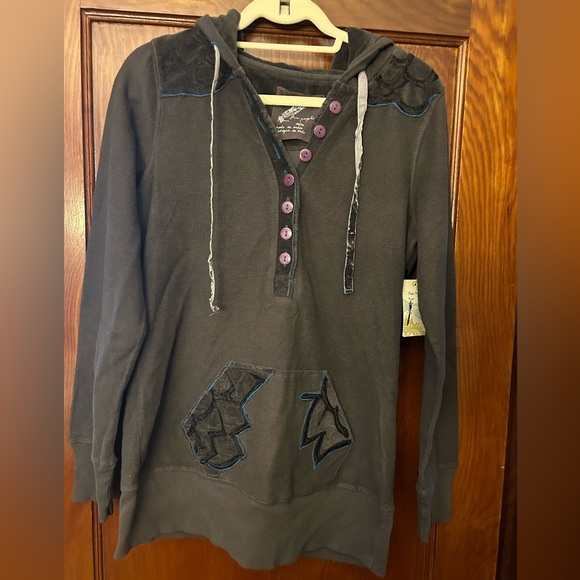 Free People Gray Embroidered Floral Hoodie Sweatshirt Medium NWT - Picture 1 of 6